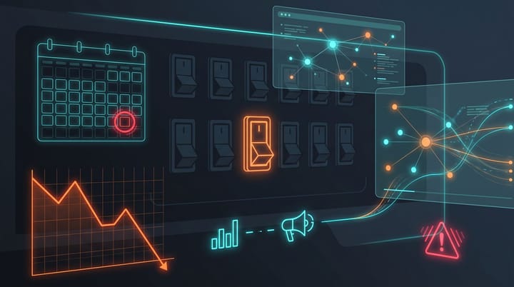 Dark data dashboard, a single illuminated switch labeled ad_storage among dark switches, a conversion chart collapsing 90 percent, and June 15 2026 on a calendar.