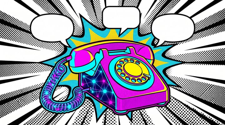 Pop-art rotary phone with glowing neural-network nodes inside its cord and three speech bubbles tagged HighIntent, ConsultationScheduled, and Robocall
