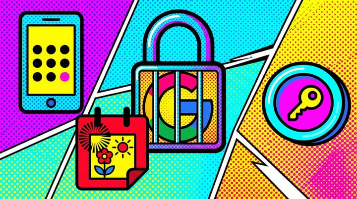 Pop-art comic panel: Google Ads logo behind a padlock, smartphone displaying a 6-digit 2FA code, and a calendar page stamped April 21.