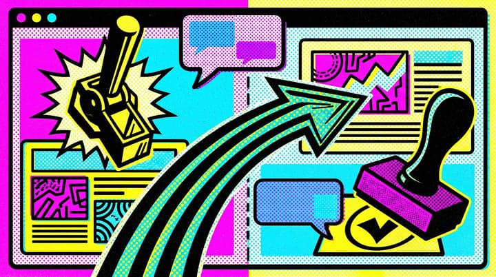 Pop art illustration: a Google Ads experiments dashboard with a control toggle flipped off and traffic arrows surging into a winning campaign while 95% floats above.