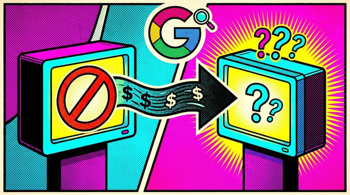 Two stylized IP address boxes in pop-art style, one stamped BLOCKED in red and one labeled HIDDEN, connected by an arrow passing dollar signs behind a Google Ads logo.