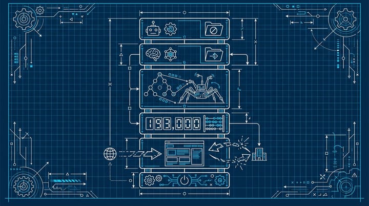 Blueprint-style diagram showing a six-layer AI agent optimization stack with token counters and broken referral traffic arrows