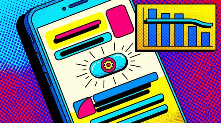 Pop art mobile Google search results page with a small 'AI' badge highlighted on a sponsored ad and a flat YoY chart drifting in the corner