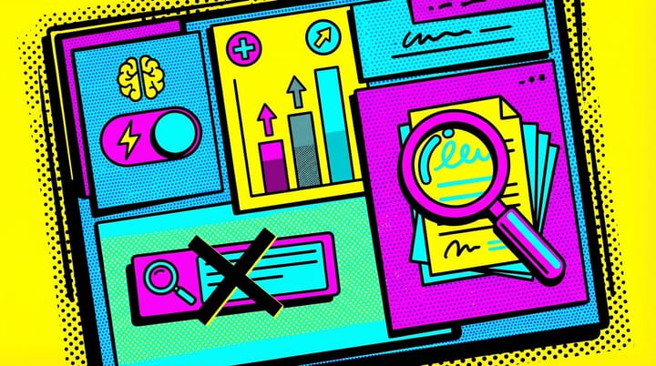 Pop-art style Google Ads dashboard showing AI Max toggle with revenue and CPA comparison bars
