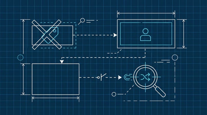 Blueprint schematic of a Google AI Mode citation card with the publisher title crossed out and replaced by a first name, magnifying glass over the swapped anchor text