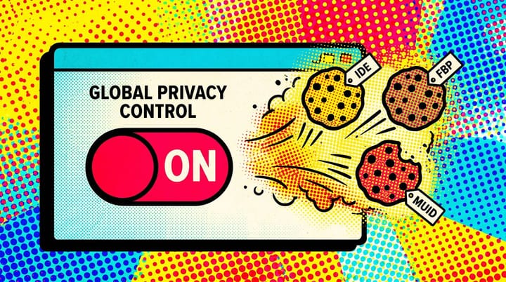 Pop-art illustration of a browser window with a Global Privacy Control toggle switched on and three cookie icons labeled IDE, FBP, MUID escaping out anyway.