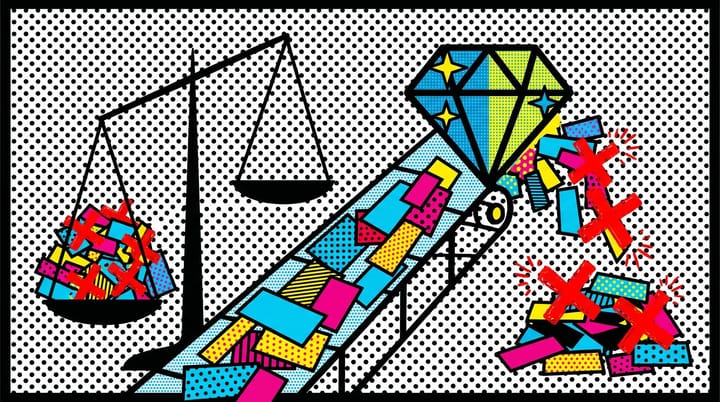 Pop-art illustration of a Gemini diamond sorting ad rectangles while red DISAPPROVED stamps hit individual ads and a tilted scale shifts from suspensions to disapprovals