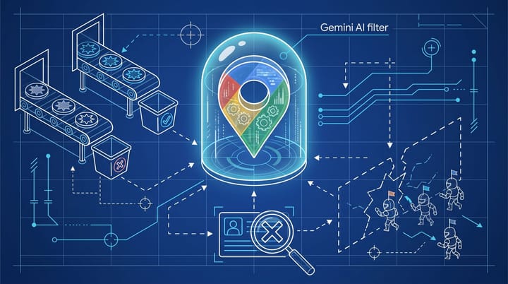 Blueprint-style technical illustration showing a Google Maps pin being screened by Gemini AI with fake review badges and profile edit suggestions filtered before publication