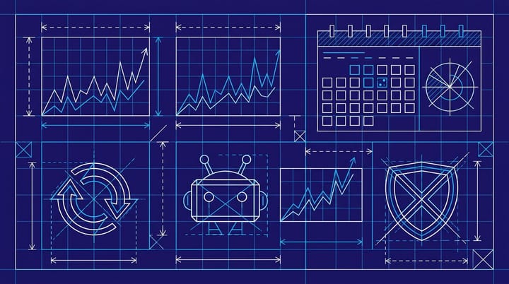Technical blueprint dashboard showing multiple SEO ranking volatility tracker line charts spiking on April 23, 2026, with Semrush, Mozcast, and Sistrix labels visible on the grid.