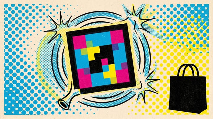 Pop-art illustration of a pixelated low-resolution product photo being inflated inside a 500 by 500 pixel grid with a shopping bag icon and Google blue halftone dots.