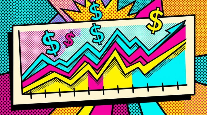 Pop-art comic panel of a Google Ads dashboard showing daily spend lines per PMax channel over a 28-day timeline, halftone dots and bold outlines.