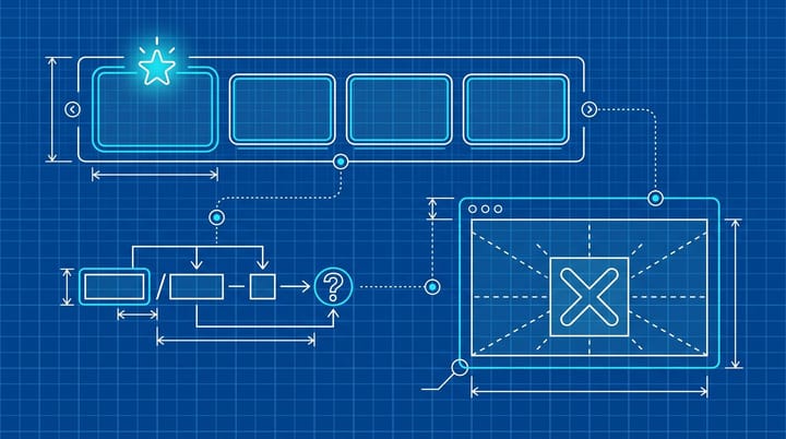 Blueprint-style schematic of Google Top Stories with a glowing Preferred Sources star, a deeplink URL diagram, and a Search Console panel labeled no data available