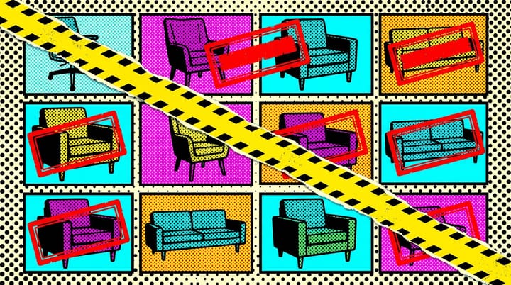 Pop-art halftone grid of product tiles, several stamped Sponsored, with torn yellow caution tape labeled 2020 Antitrust cutting diagonally across the listings.