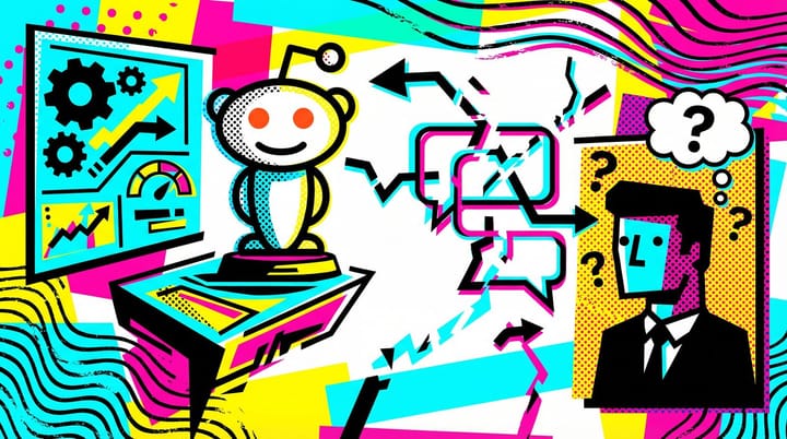 Pop art illustration of Reddit threads intercepting data signals between a Google Ads dashboard and a buyer with distorted conversion paths