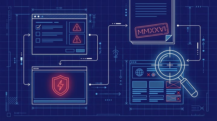 Technical blueprint illustration of Google spam report form connecting to a manual action enforcement pipeline in Search Console