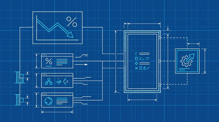 Blueprint-style diagram of HubSpot AEO: organic traffic with 27% downward arrow feeding a CRM-to-prompt pipeline that outputs to ChatGPT, Gemini, and Perplexity.