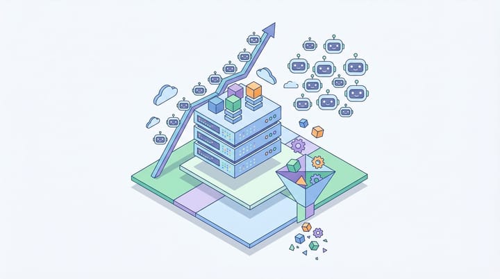 Magazine collage showing a server log printout with highlighted bot user-agent strings overlaid on a stylized rising bar chart, in muted retro print colors.