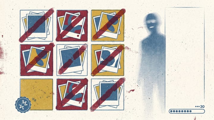 Instagram feed grid with several photo and carousel posts marked with red strikethroughs and an original-creator label, plus a counter showing 10 of 30 unoriginal posts in the rolling window