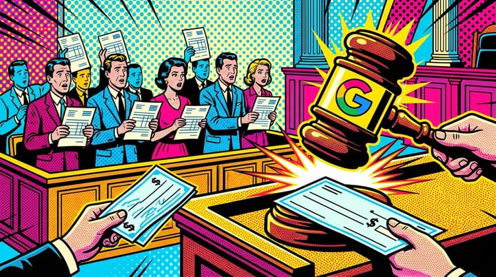 Pop-art illustration of an oversized $218 billion check next to a Google logo and gavel, with advertisers in line clutching billing invoices