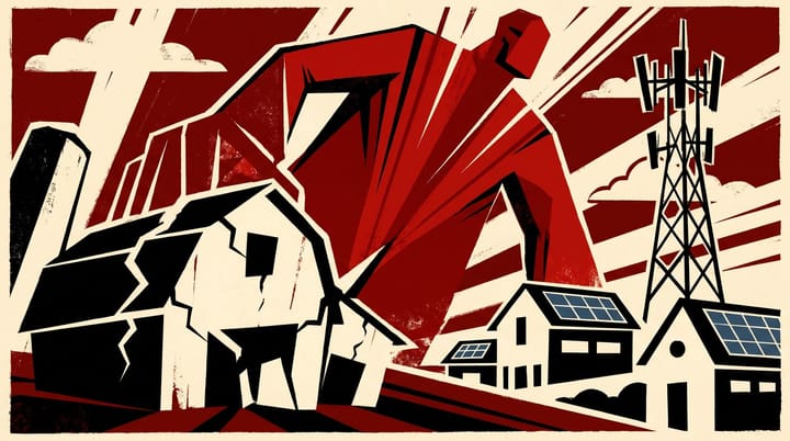 Propaganda-style poster: a giant red 46 million figure looms over a modern rural town with solar panels and an internet tower as a stock-photo barn cliche cracks in the foreground.