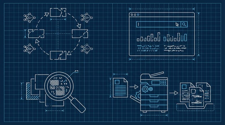 Blueprint-style diagram showing AI-generated content feeding back into LLM training data with fake citations and degraded copies illustrating the AI slop loop