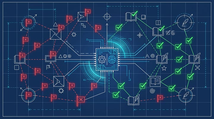 Blueprint-style network graph showing SpamBrain AI scanning link patterns between domains with red flags on devalued connections