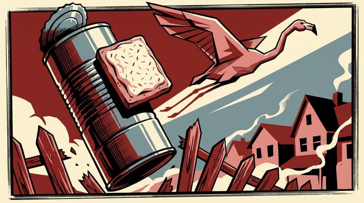 Propaganda poster illustration of a Liquid Death tallboy can fused with a frosted strawberry Pop-Tart above stylized suburban chaos, banner text reads CARNAGE.