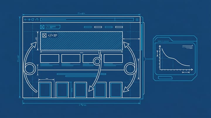 Schematic blueprint showing Google AI Overviews box at top of search results page with bounce-click loop arrow returning to the search bar above a declining CTR chart