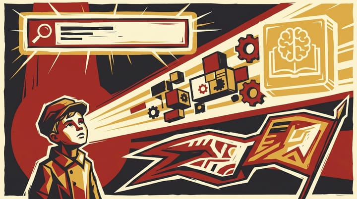 Propaganda-poster illustration: child looking up at a glowing 'what is dyslexia' search bar, luminous Knowledge Panel above, banner reads HIJACKING SEARCH