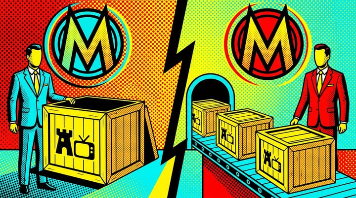 Pop-art split panel showing Magnite logo on both sides of an auction floor with Disney CTV inventory crates moving between buyer and seller halves