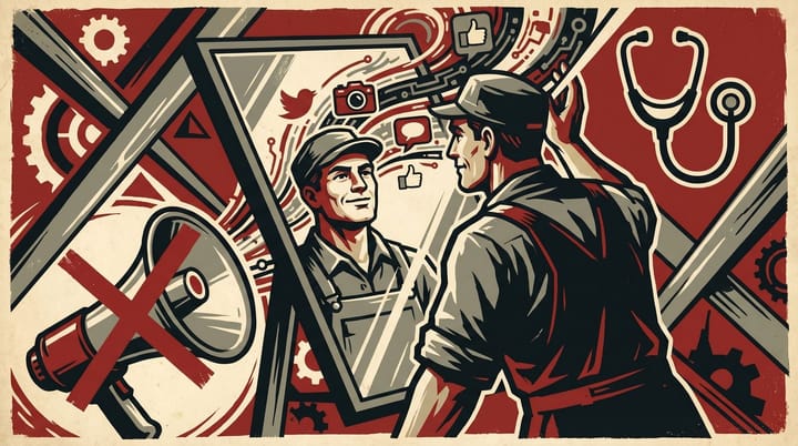 Propaganda-style illustration of a figure listening through AI data streams with a megaphone crossed out, representing Manscaped brand pivot