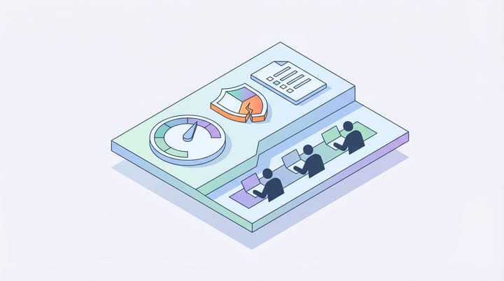 Isometric illustration of marketing AI governance gap showing high adoption meter contrasted with low enforcement controls