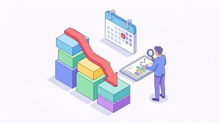 Isometric illustration of a martech stack with a red downward arrow showing replacement rate dropping and a CMO reviewing utilization charts.