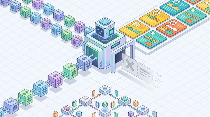 Isometric illustration of an AI agent verifying a cryptographic payment authorization, with structured product schema cards passing through and a discount coupon rejected.