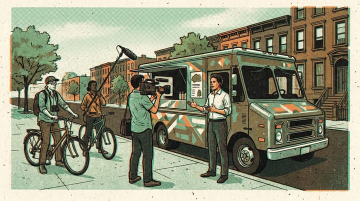 Handheld film camera trained on a political candidate being interviewed at a Brooklyn food truck, two filmmakers on bicycles in the background, risograph print texture.