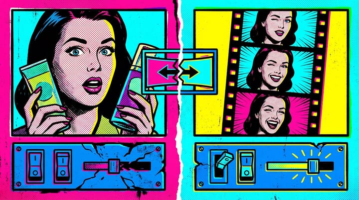 Split illustration of a static Meta ad transforming into an animated video with broken A/B test indicators