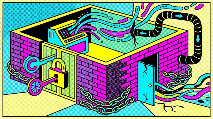 Pop-art illustration of Meta walled garden with side door cracked open, ChatGPT and Claude logos as keys, ad data flowing through API connectors and lock-in chains