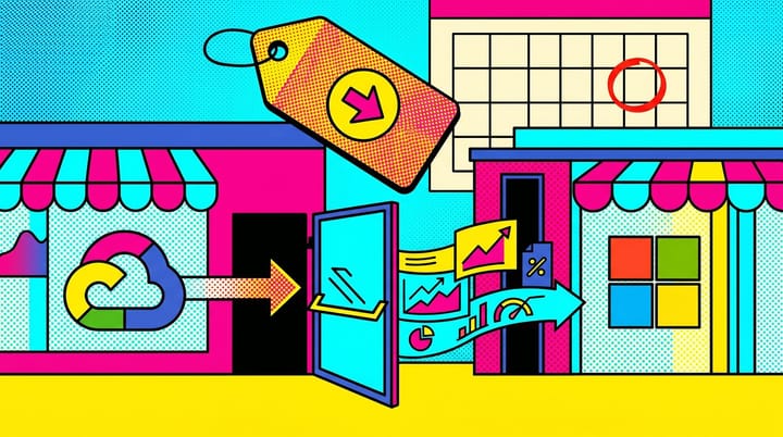 Pop-art split panel of Microsoft and Google logos as rival storefronts with an open door between them, a PMax dashboard flowing across, and a red-circled September 2026 calendar.