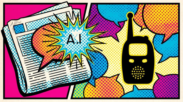 Pop-art halftone illustration of an AI chat bubble rising from a newspaper page, baby monitor silhouette, and overlapping speech bubbles for a programmatic auction.