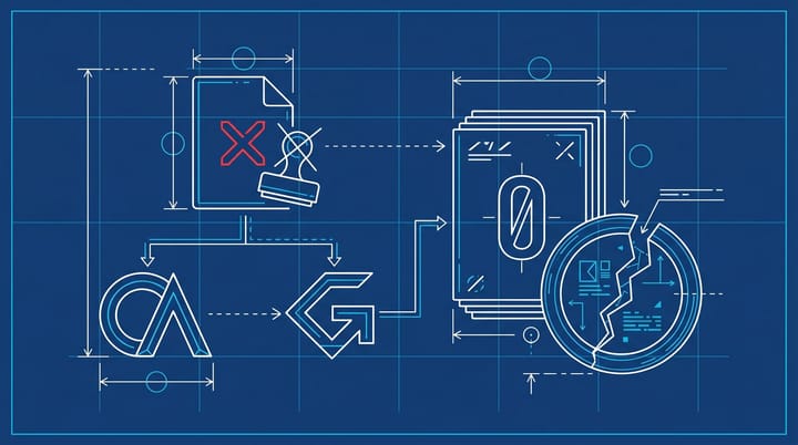 Blueprint-style illustration of a crossed-out robots.txt BLOCK stamp next to a $40M cash stack and an Oreo cookie revealing data inside, on a technical grid.