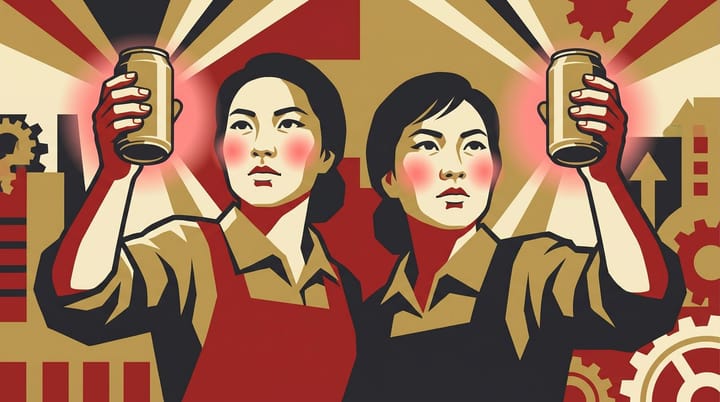 Stylized propaganda-poster illustration of two Asian women holding Nectar hard seltzer cans with soft pink glow on their cheeks, bold flat color blocks, GLOW UP typography