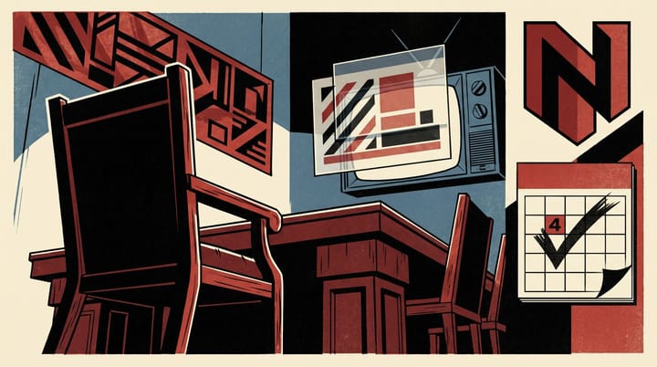 Propaganda-poster illustration of an empty Netflix boardroom chair, a red $3B ad revenue banner, a TV commercial break overlay, and a June 4 calendar marker.