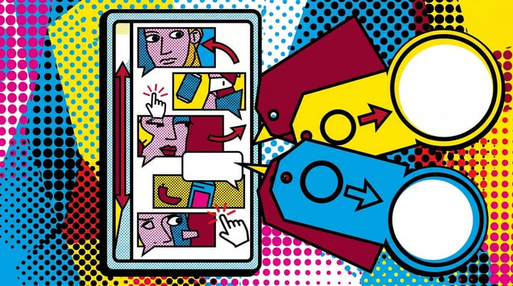 Stylized Netflix mobile phone vertical scroll feed with pop-art halftone ad price tags shifting from $30 CPM to $10 CPM in Netflix red and black