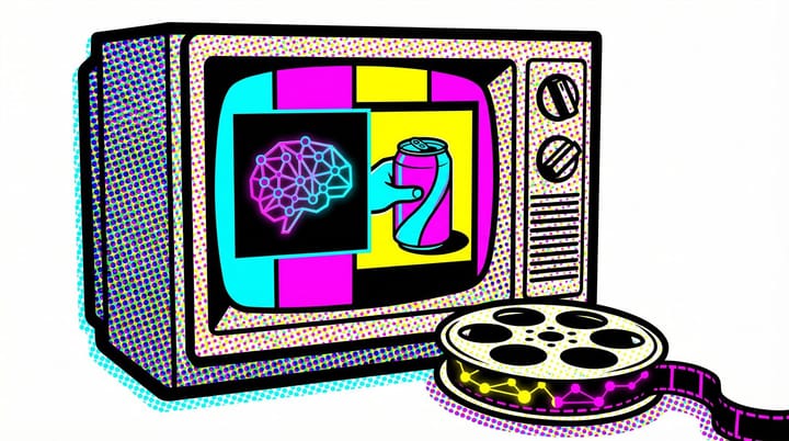 Pop art illustration of a TV screen with AI editing a branded product into a video scene, with colorful shadows and neural network nodes