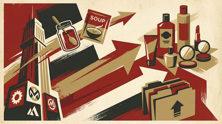 Bold propaganda-style poster showing iconic food brand packaging departing a corporate portfolio