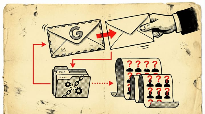 Retro newsprint illustration of Gmail envelope with fractured subscriber identity records and CRM database entries