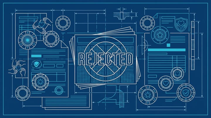 Blueprint-style illustration of DMCA takedown notice stamped rejected over newspaper investigations with casino chips