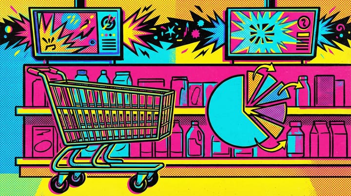 Pop art illustration of retail store shelves with digital ad screens and budget pie chart splitting into smaller pieces