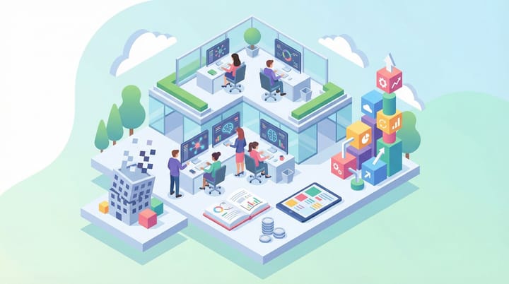 Isometric illustration of marketing office with AI tools on screens, expanding tech stack, and training manuals
