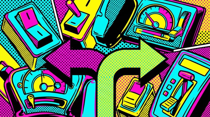 Pop art illustration of Google Ads experiment dashboard with split test arrows and auto-pilot toggle controls switching on